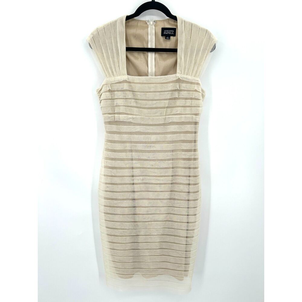 ADRIANNA PAPELL Women's Champagne Striped Mesh Sheath Dress Cap Sleeve Size 10